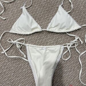 Women's Cream and White Triangle Ties Bikini Set